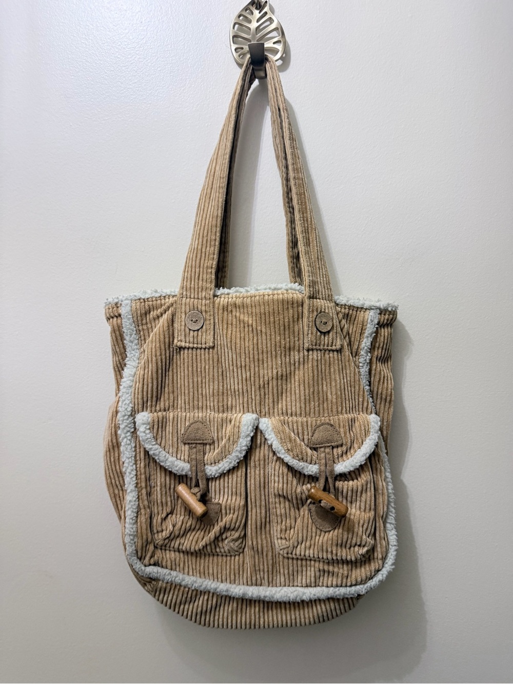 Y2K Tan Corduroy Sherpa Trim Tote Shoulder Bag School Preppy Boho Chic Old Navy